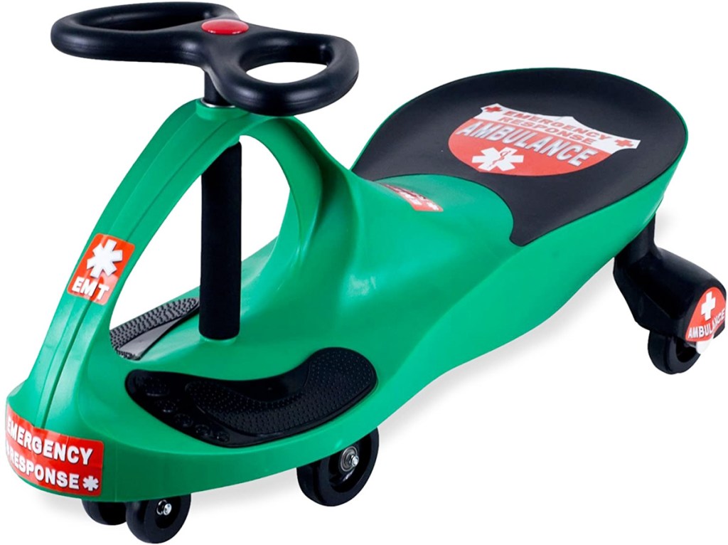 green and black kids swing car with red ambulance stickers on it