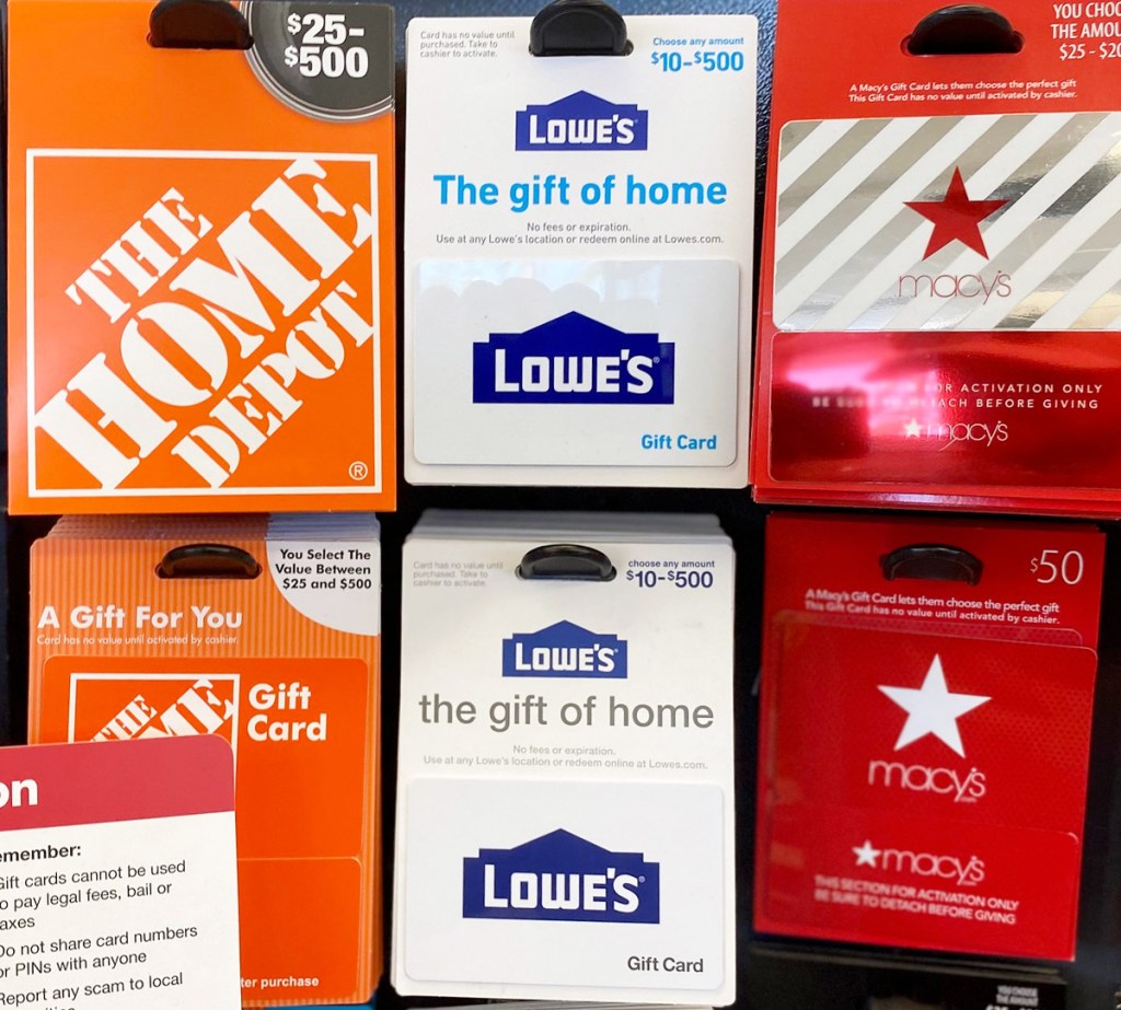 gift card display rack with home depot, lowe's and macy's gift cards