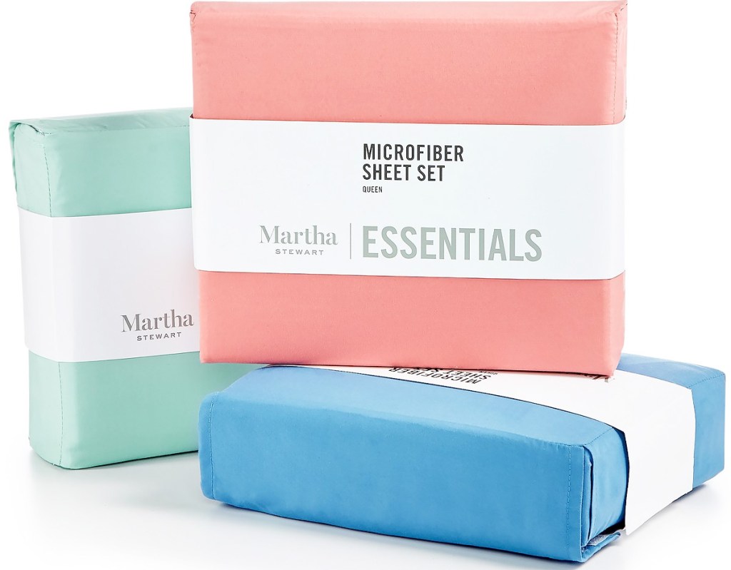 martha stewart sheet sets in light green, pink, and blue colors