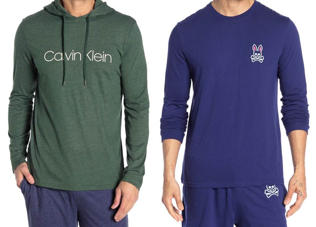 men modeling a green hoodie with white calvin klein logo on chest and blue long-sleeve shirt with white bunny on chest