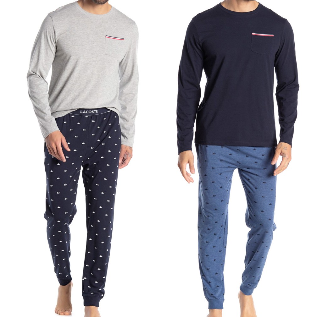 two men modeling solid color long sleeve pajama top and coordinating pajama leggings with all-over alligator print