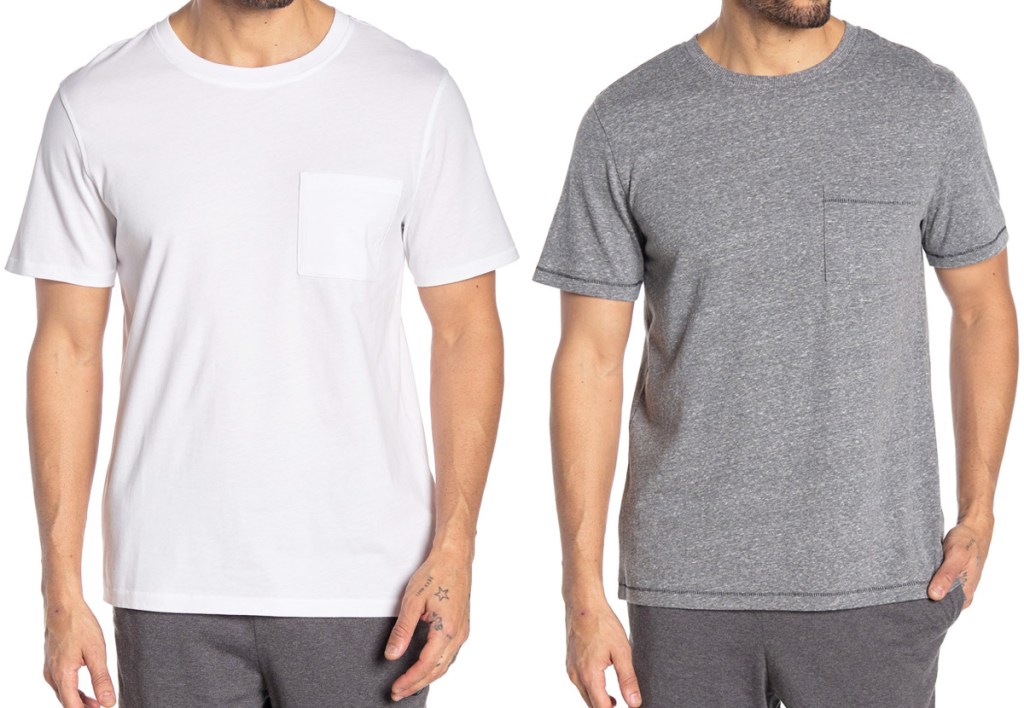 two men modeling shirt sleeve shirts with chest pockets in white and light grey colors