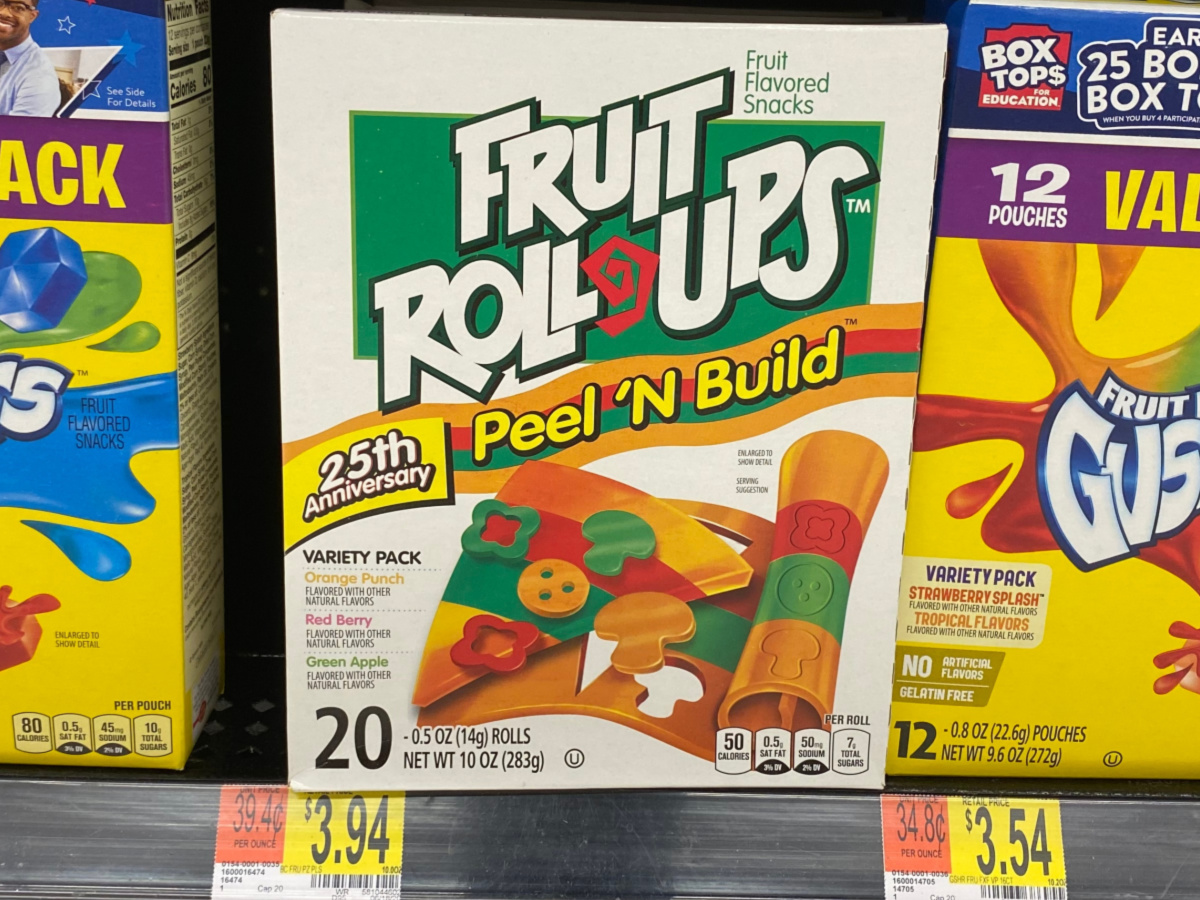 box of fruit snacks on shelf in store