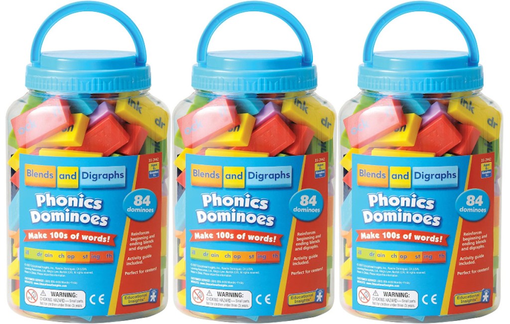 three bucket containers of phonics dominoes