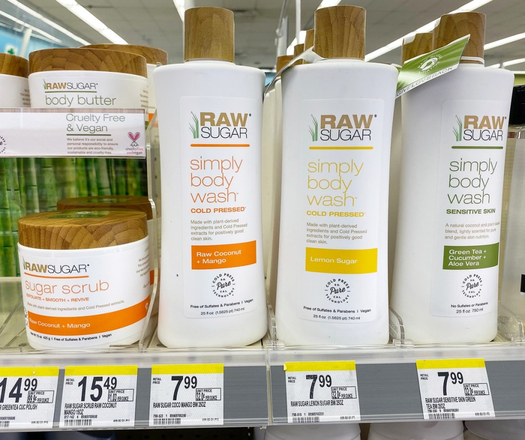 white bottles of raw sugar brand body care on store shelf