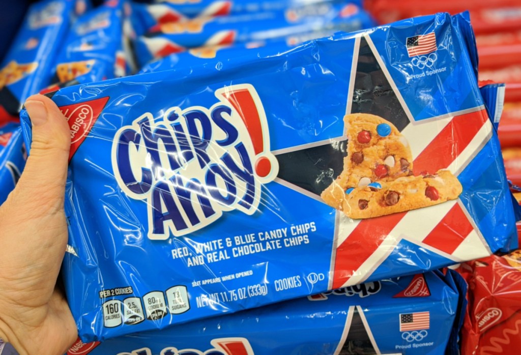 Red White Blue Chips ahoy in person's hand