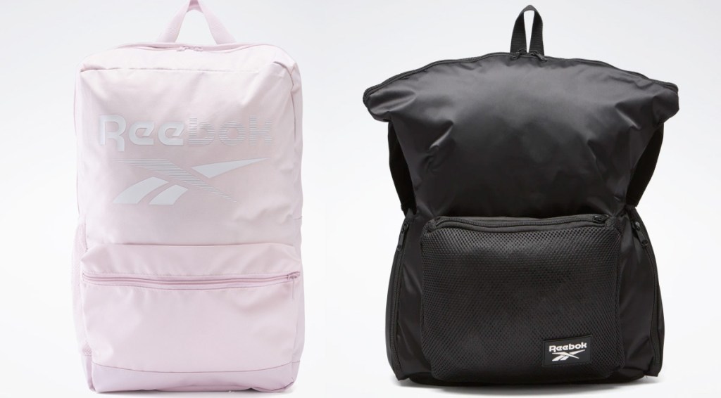 light pink backpack with reebok logo in white and black backpack with small white reebok logo on lower right corner