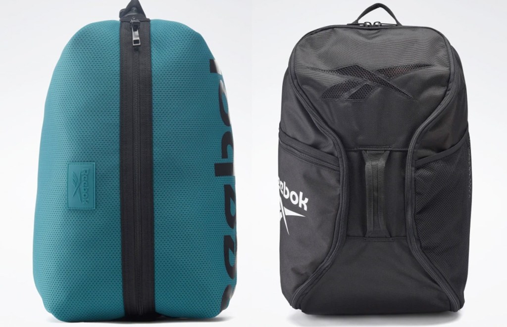 teal backpack with black zipper down center and black backpack with white reebok logo on side