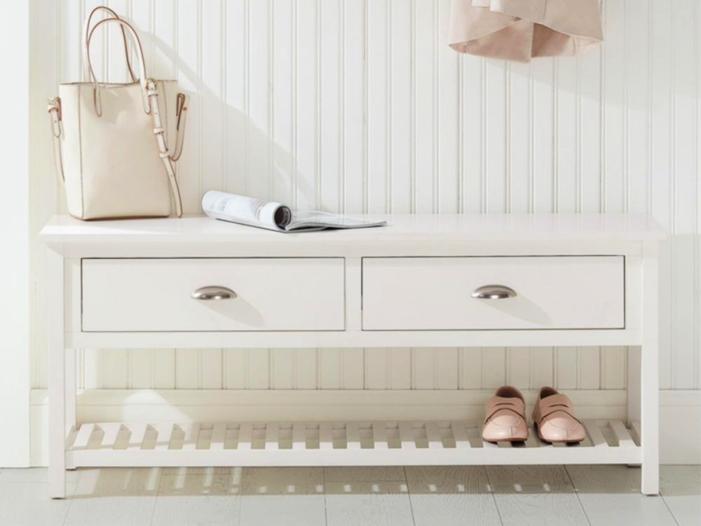 StyleWell White Wood Entryway Bench with 2 Drawers