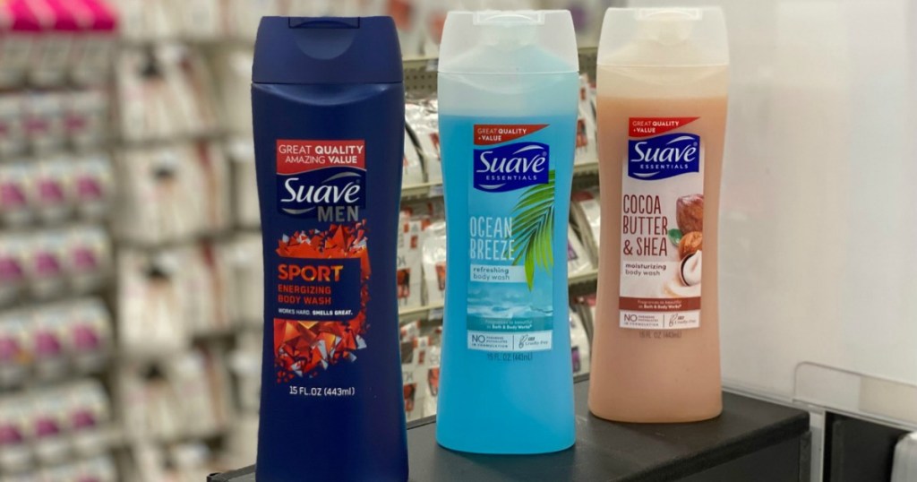 Suave Body washes on counter at CVS