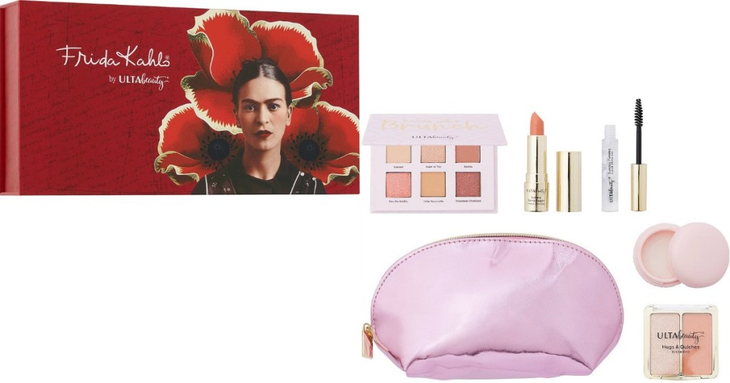 ULTA Beauty Frida Kahlo palette next to bag with cosmetics