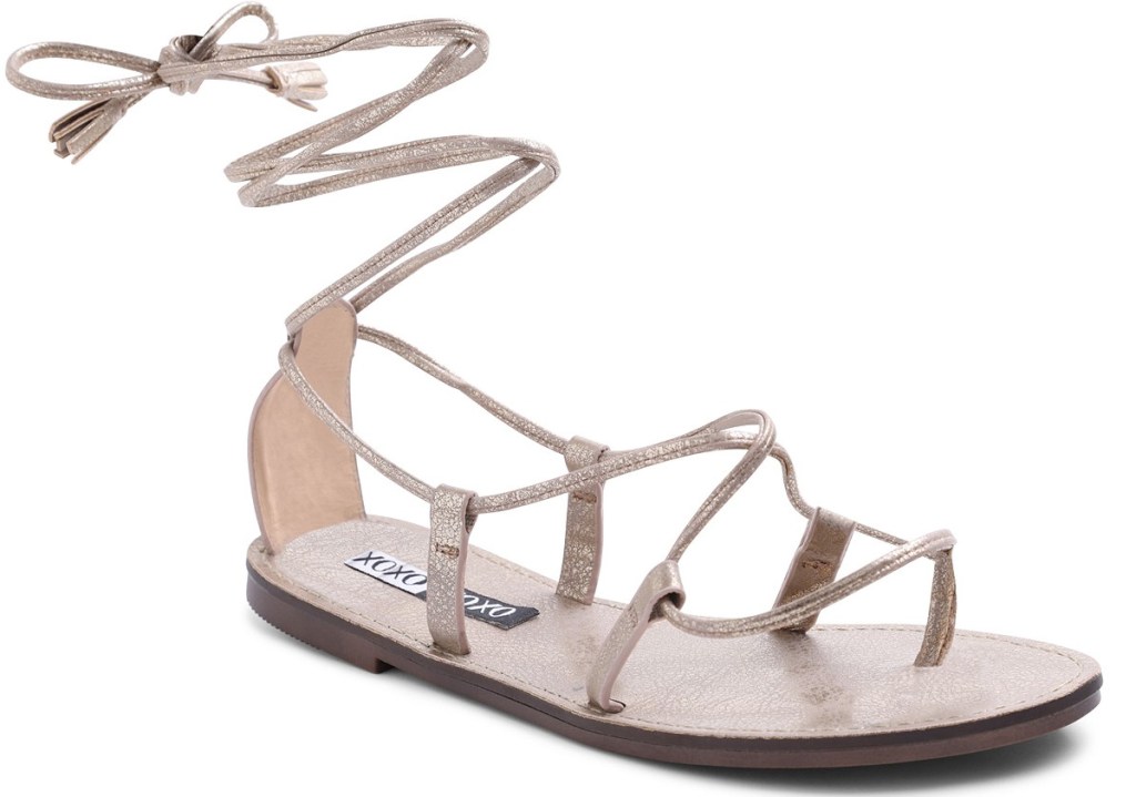 metallic gold colored strappy sandal that wraps up around ankle