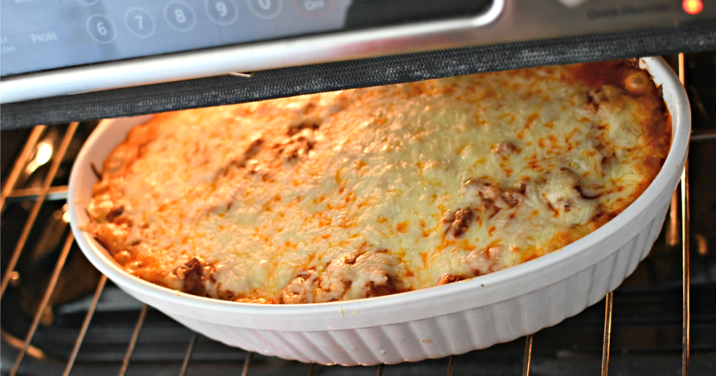 baked million dollar spaghetti casserole in the oven