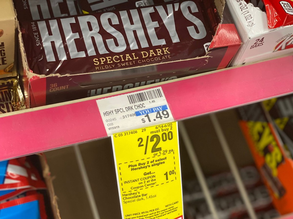 candy bar in box on store shelf near price tag