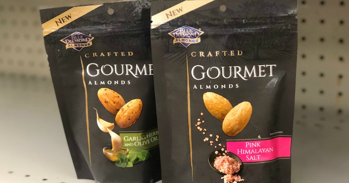 bags of gourmet almonds on a store shelf