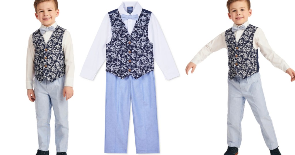 boy wearing Nautica Little Boys 4-Piece Tropical-Print Vest Set