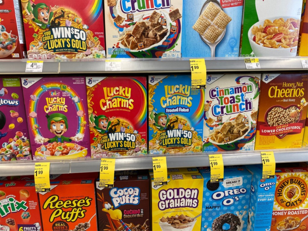 assorted cereals on store shelves