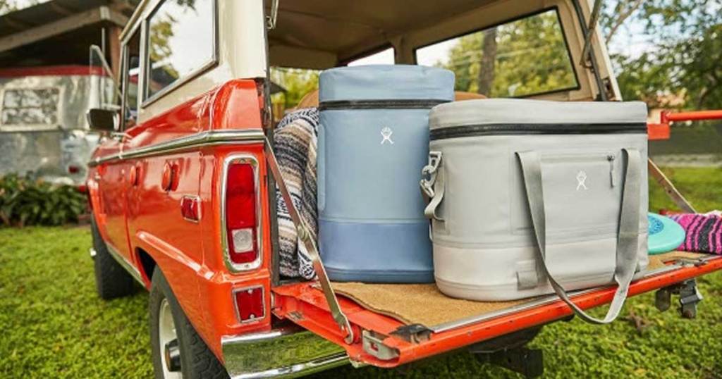 back end of a truck with hydro flask coolers 