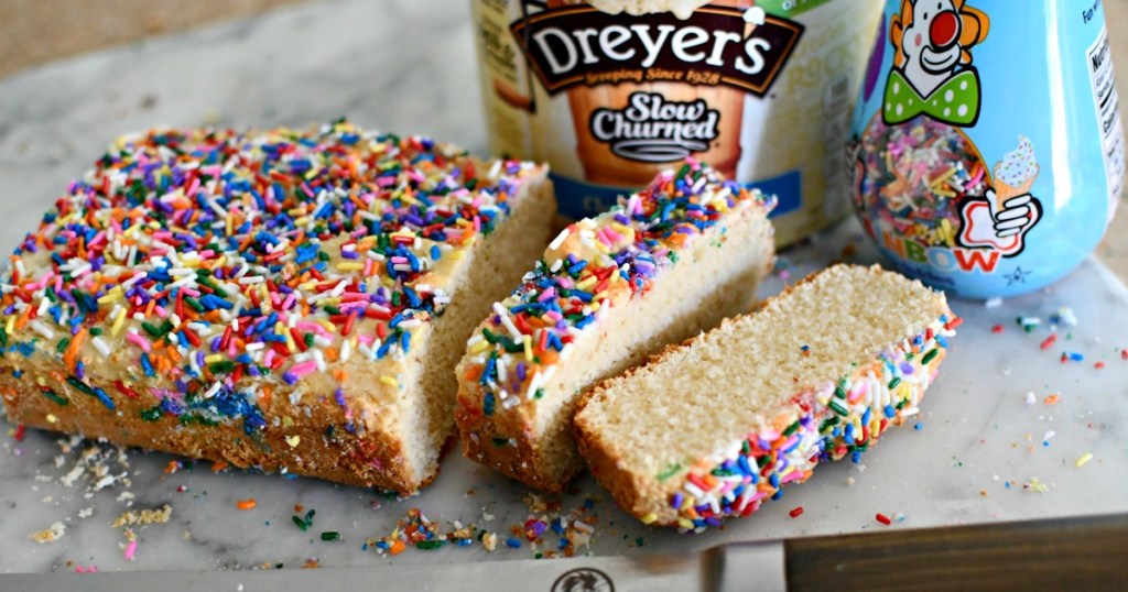 loaf of ice cream bread on cutting board