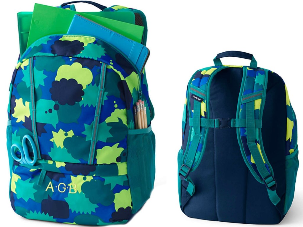 front and back of a blue/green backpack