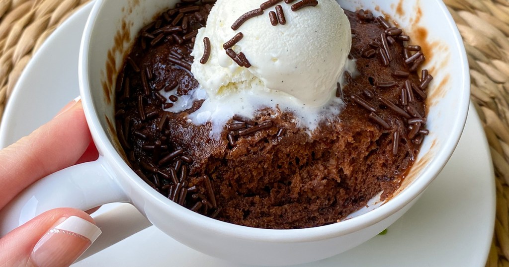 nutella mug cake with scoop of vanilla ice cream