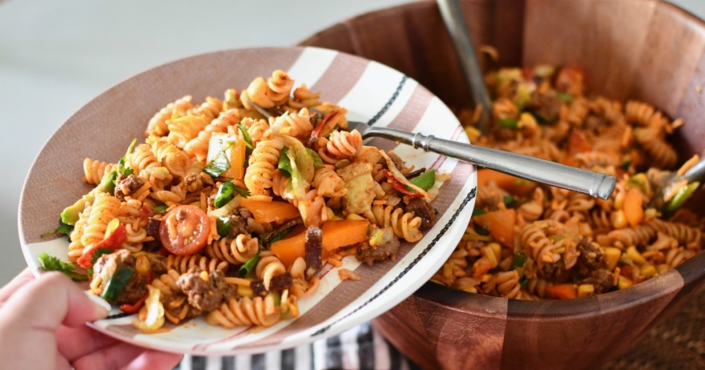 plate and fork of taco pasta salad