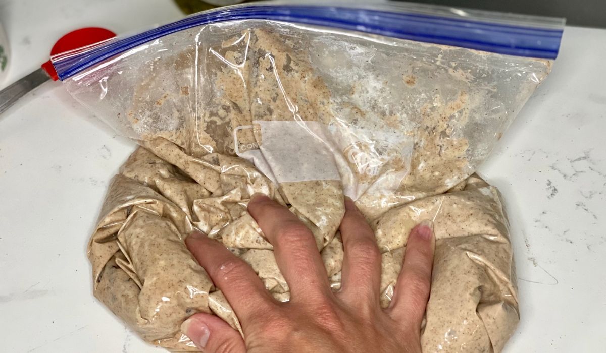 A hand squishing bread dough in a freezer bag