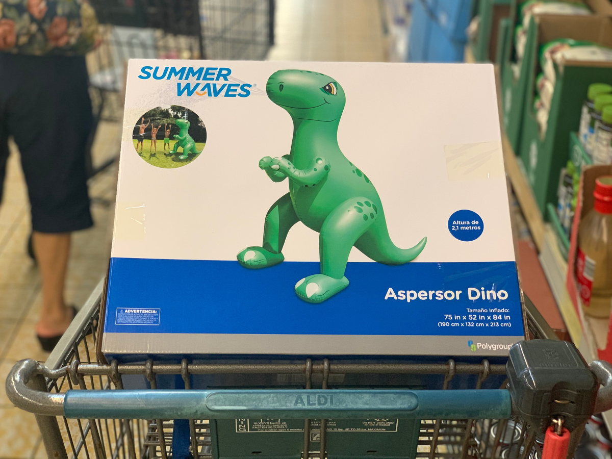 inflatable dino sprinkler in aldi cart