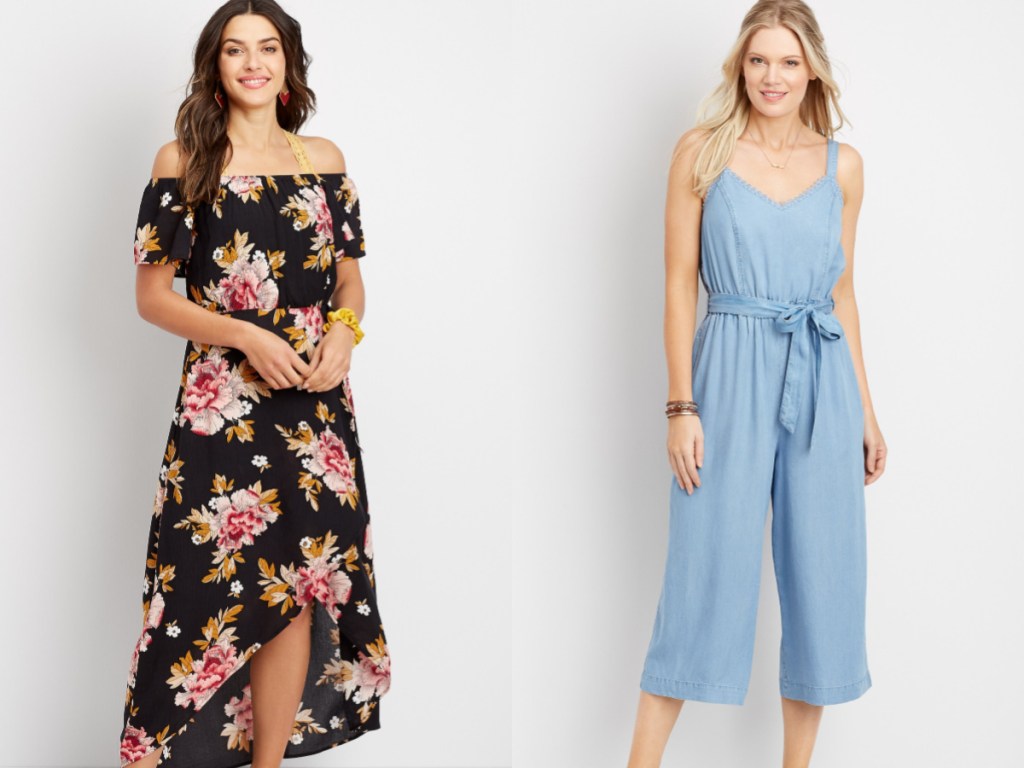 women wearing black flower maxi dress and blue jumpsuit