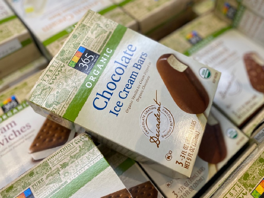 boxes of ice cream bars in store freezer