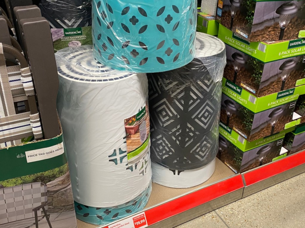 Mosaic garden stools on aldi store shelf