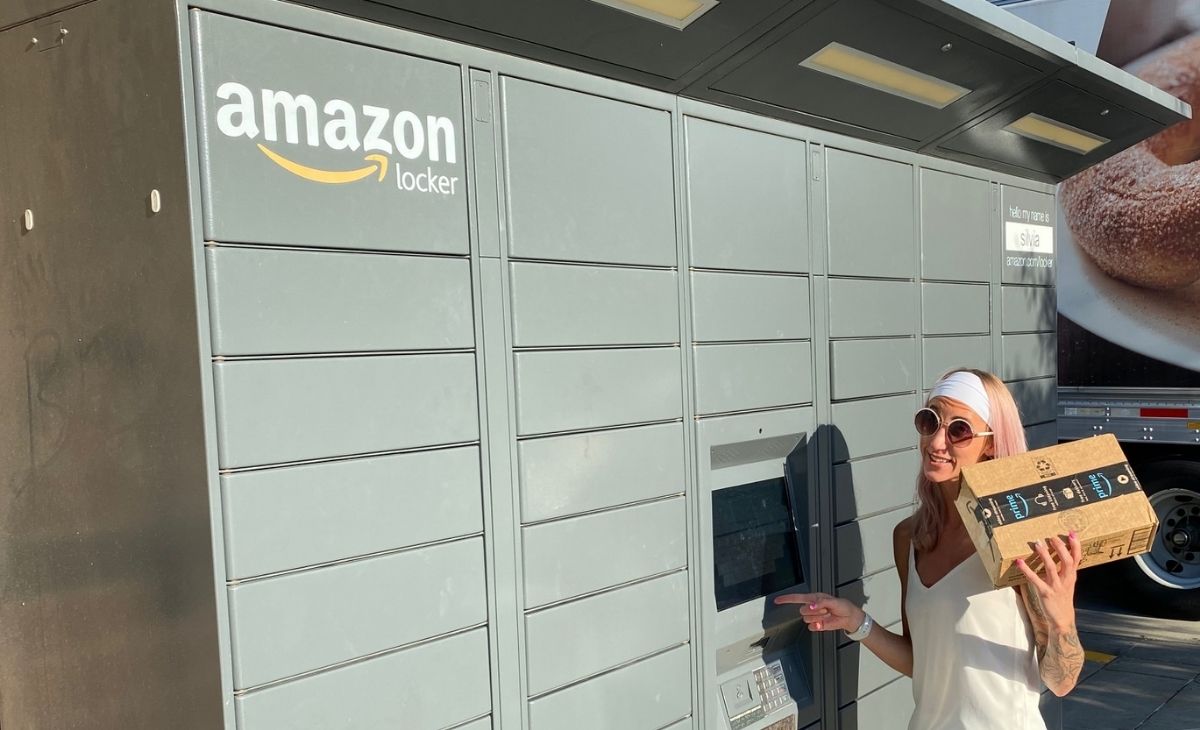 A woman returning a package at an Amazon locker