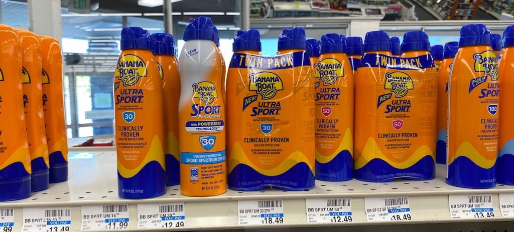 row of Banana Boat products on shelf at CVS