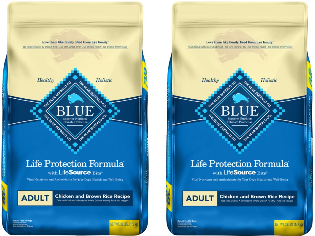 two bags of Blue Buffalo Life Protection Formula Natural Adult Dry Dog Food, Chicken & Brown Rice