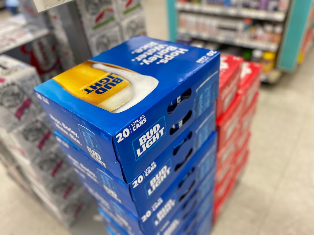 stack of cases of Bud Light at Walgreens