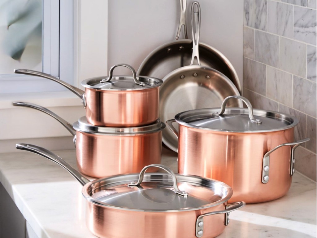 Calphalon Tri-Ply Copper 10-Piece Set on counter