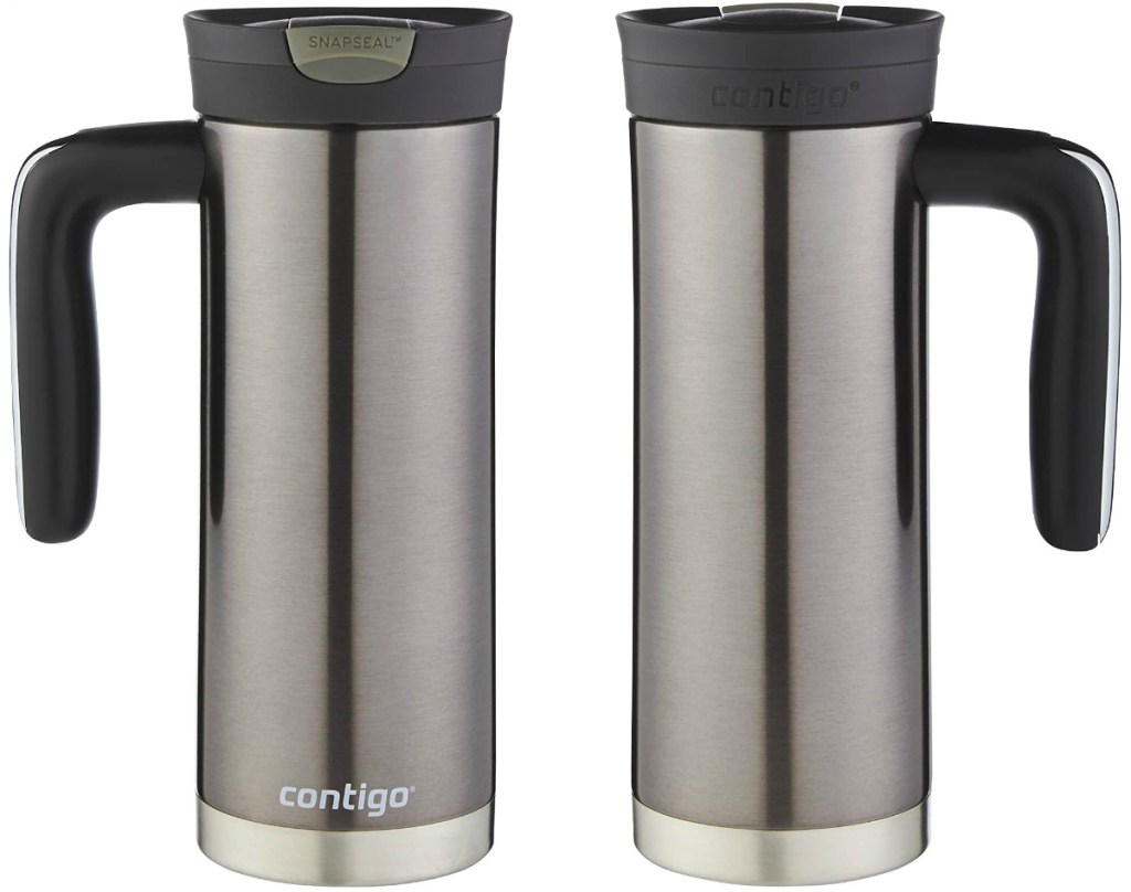 Front and back view of a stainless steel travel mug