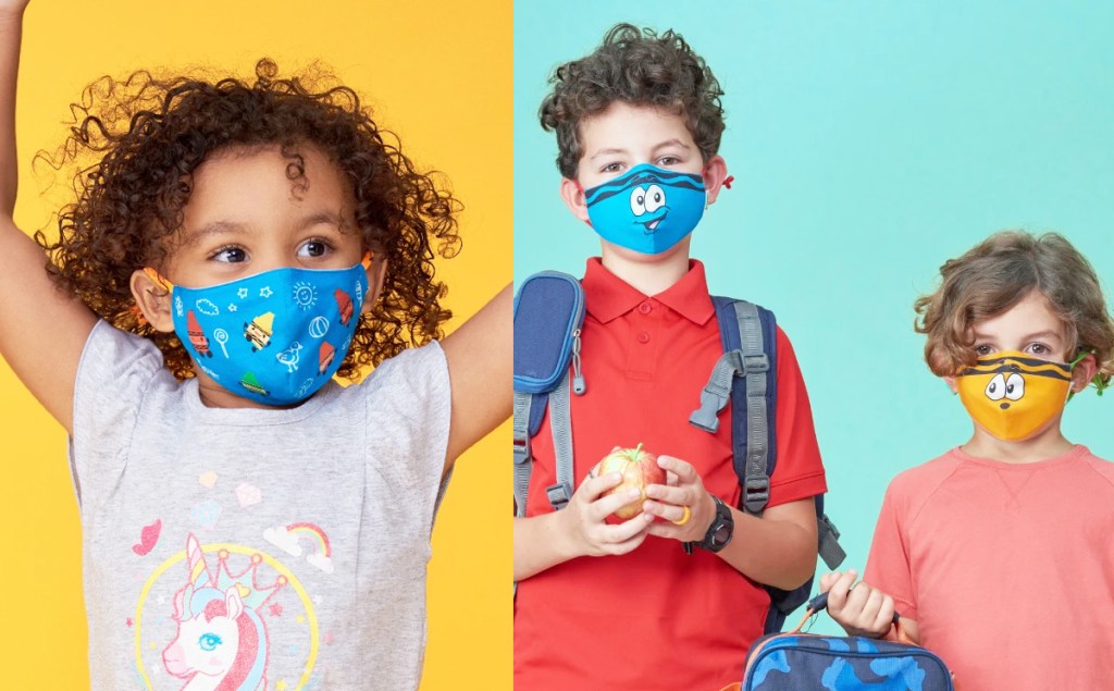 three kids modeling crayola themed face masks