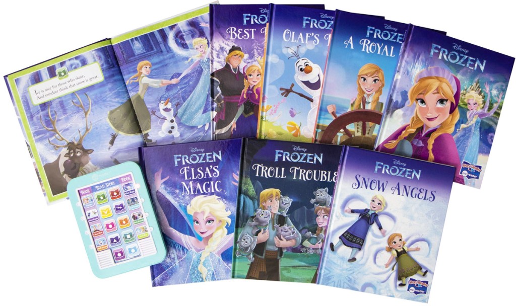 8 disney frozen books and blue electronic reader