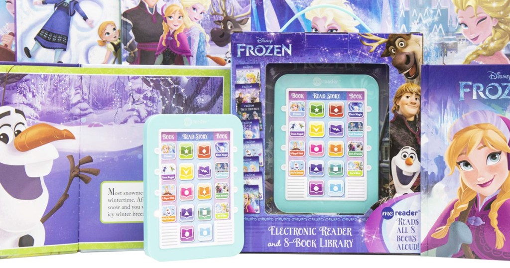 blue disney frozen electronic reader with packaging and frozen books surrounding it