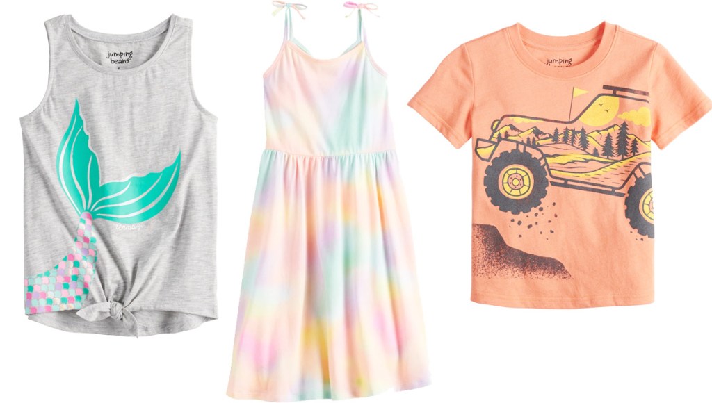 grey mermaid tank top, tie dye girls dress, and orange monster truck boys shirt