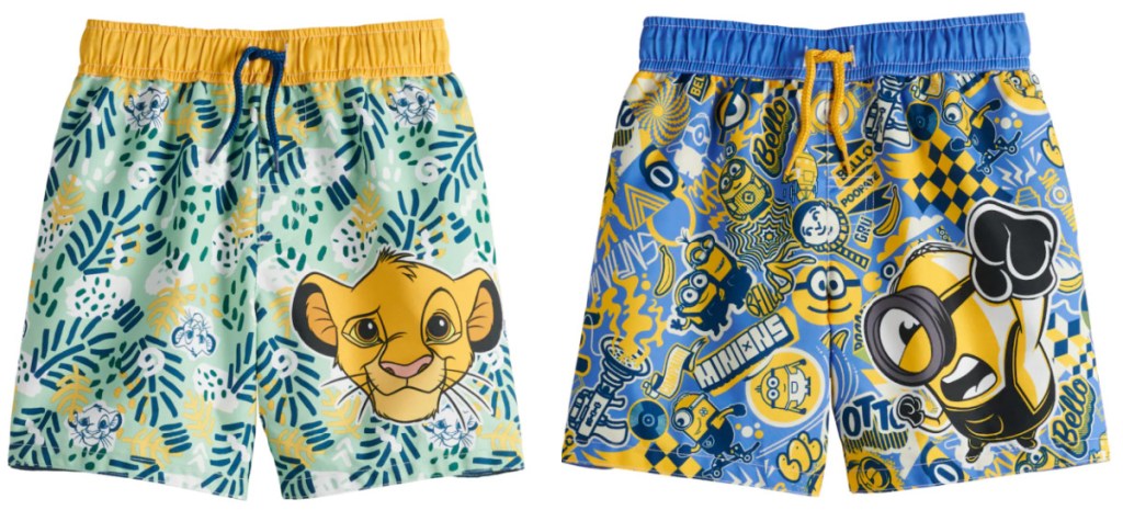 boys simba and minion swim trunks sitting side by side