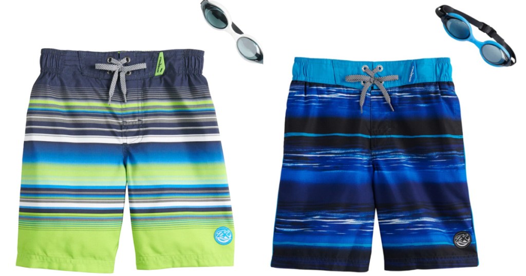 boys green and blue stripe swim trunks with matching goggles 