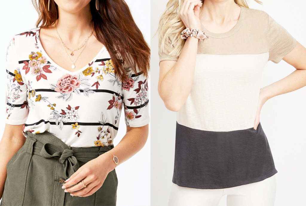 two women modeling tees in floral and color block stripes