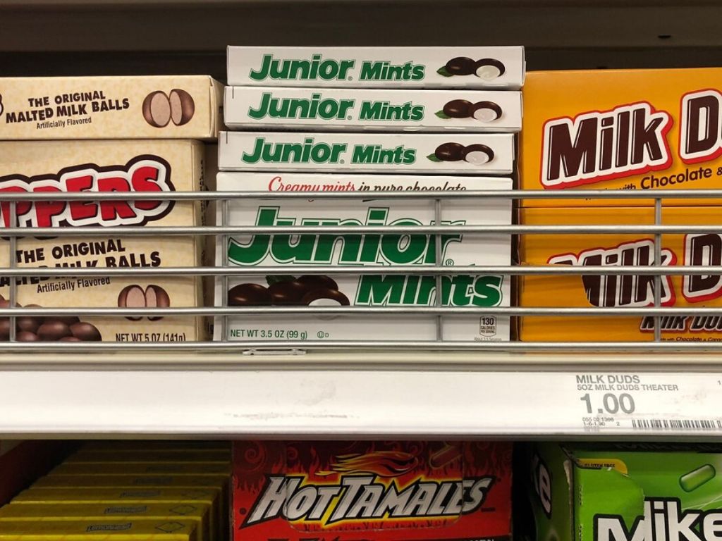 boxes of movie theater candy on store shelf