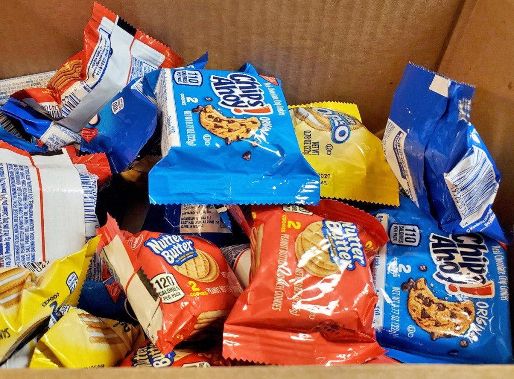 cardboard box filled with individually wrapped nabisco cookies