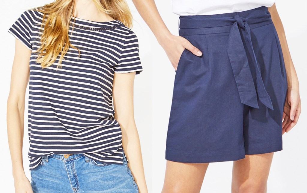 woman in black and white striped top and blue belted shorts