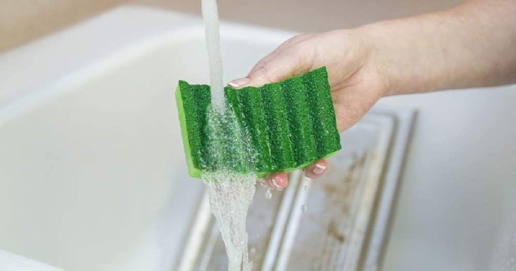 hand holding quickie sponge being ran under water