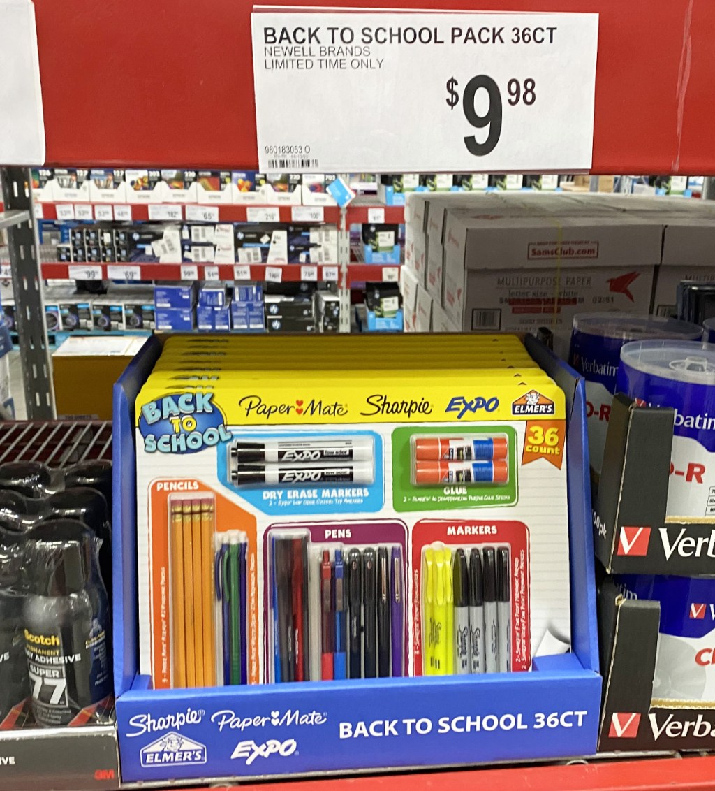 36-piece back to school kit on store shelf with an assortment of pens, pencils, markers, and glue included