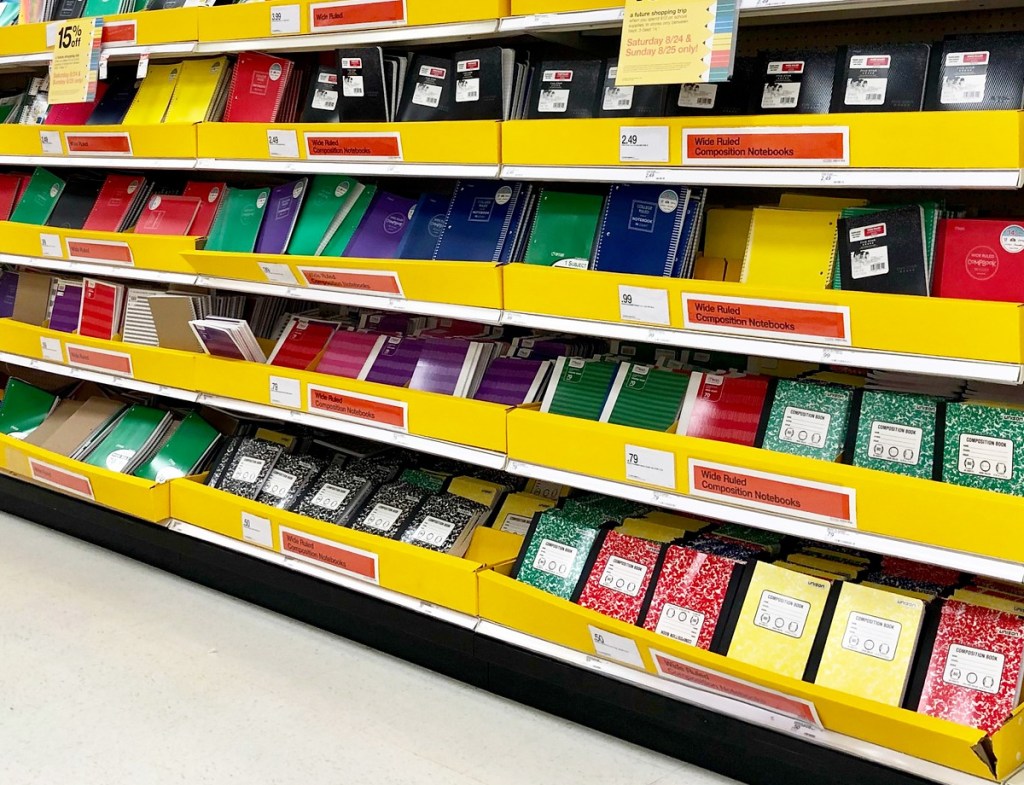 aisle of various back to school notebooks and folders